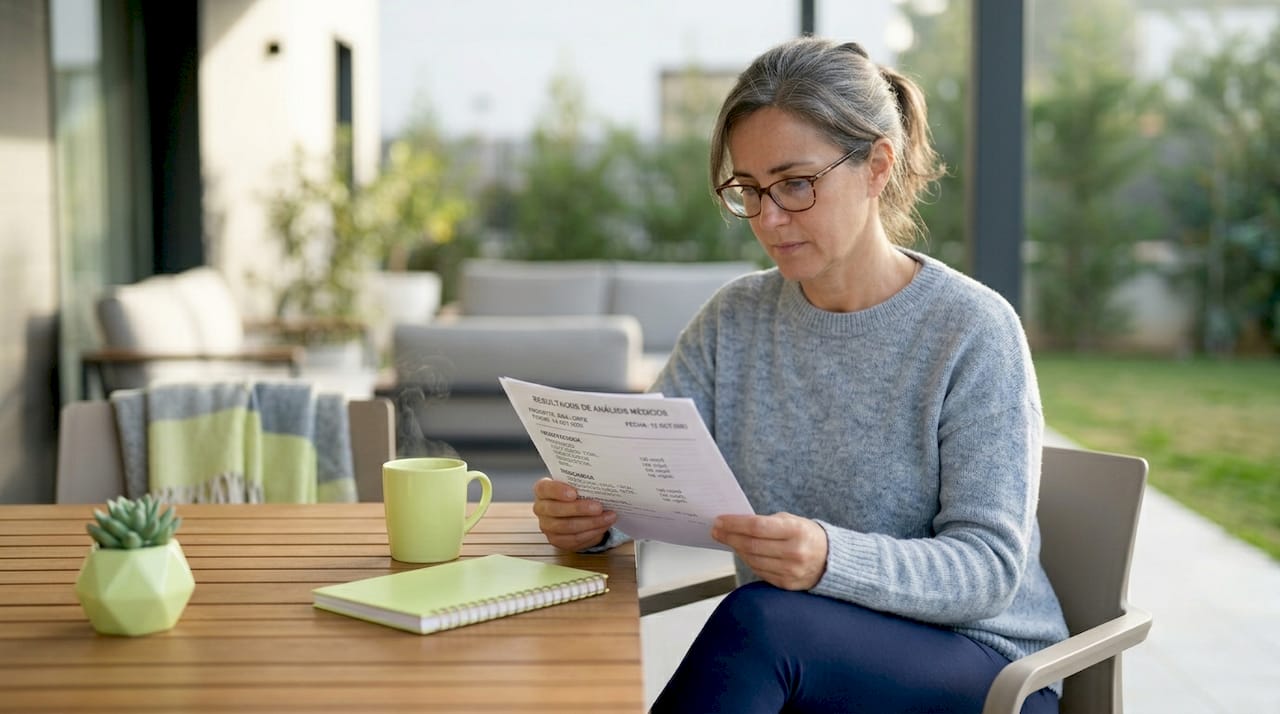 Mujer revisando sus resultados médicos cómodamente en casa