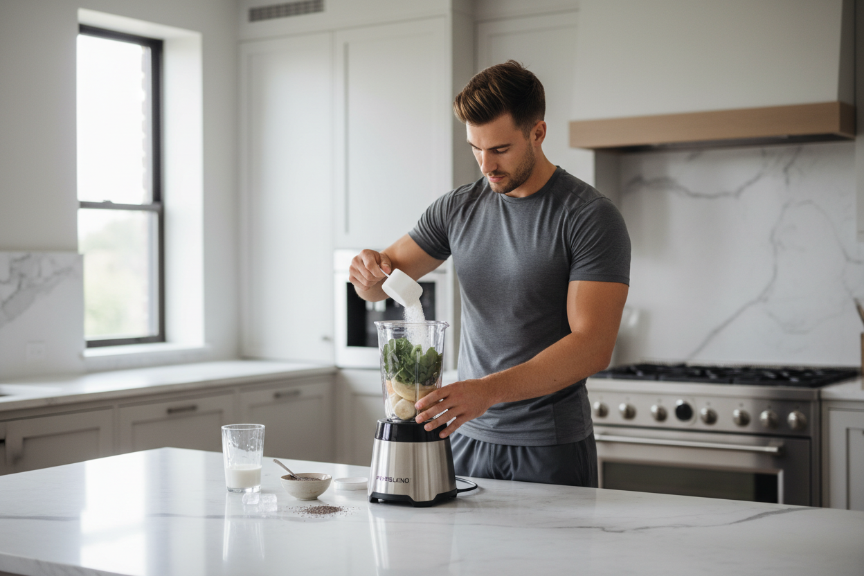 Un hombre se prepara un batido de proteínas en la cocina.