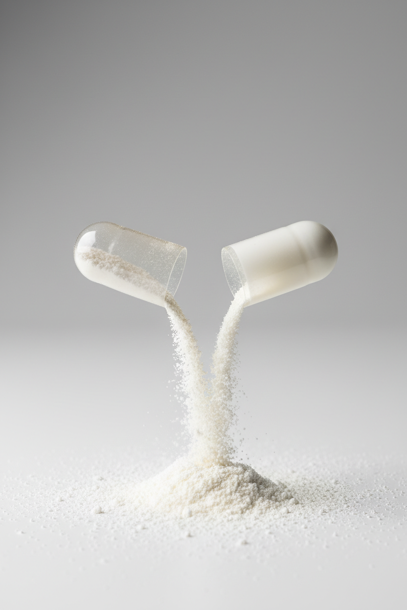 foto realista vertical capsula abierta con polvo blanco